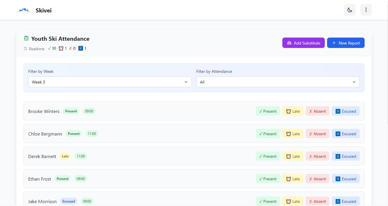 Attendance tracking view with present, late, absent and excused statuses