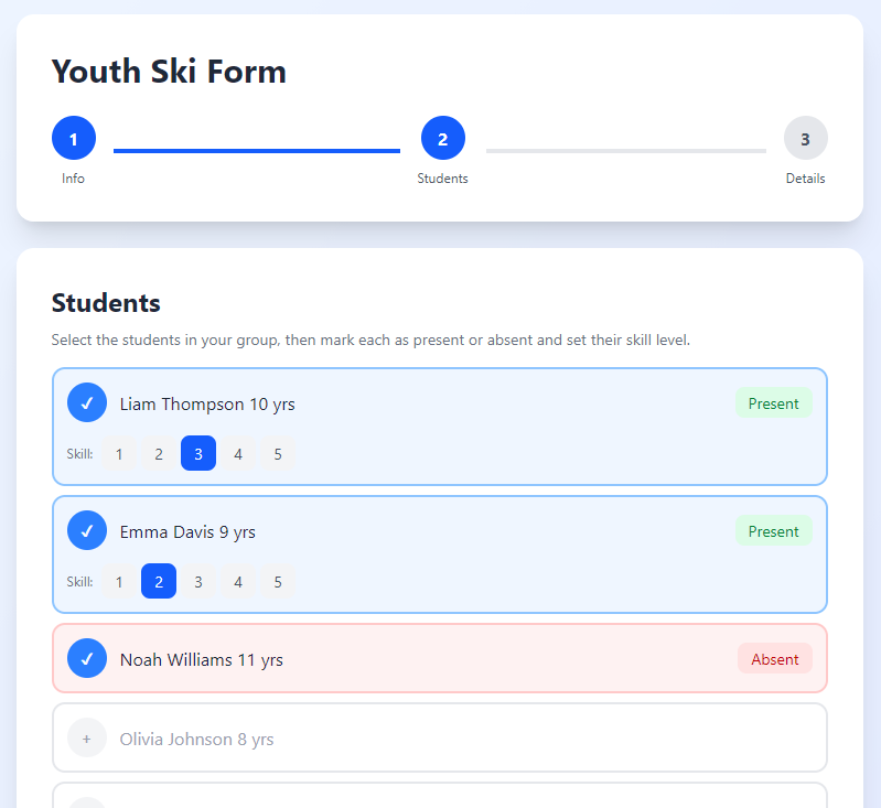 Response form — student attendance and skill level step